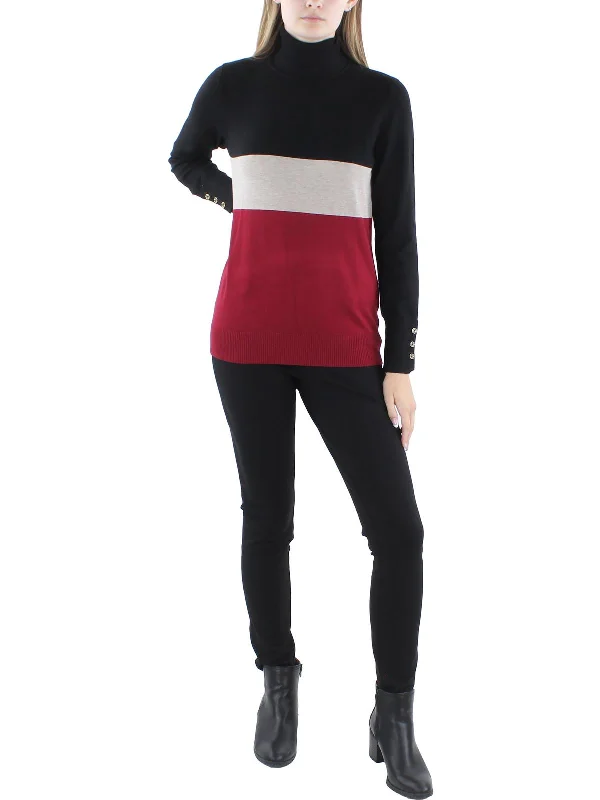 Womens Ribbed Trim Colorblock Turtleneck Sweater