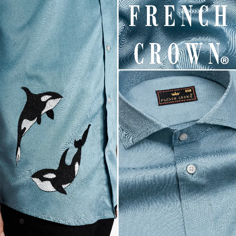 Bluish Cyan Blue with Dolphin Embroidered Super Soft Premium Cotton Designer Shirt