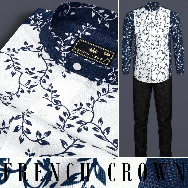 Bright White and Mirage Blue Leaves Printed Poplin Giza Cotton Shirt