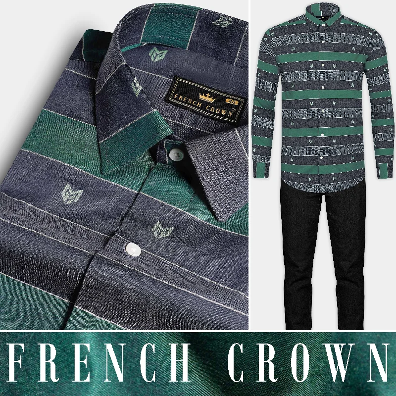 Charade Blue with Viridian Green Striped Jacquard Textured Premium Giza Cotton Shirt