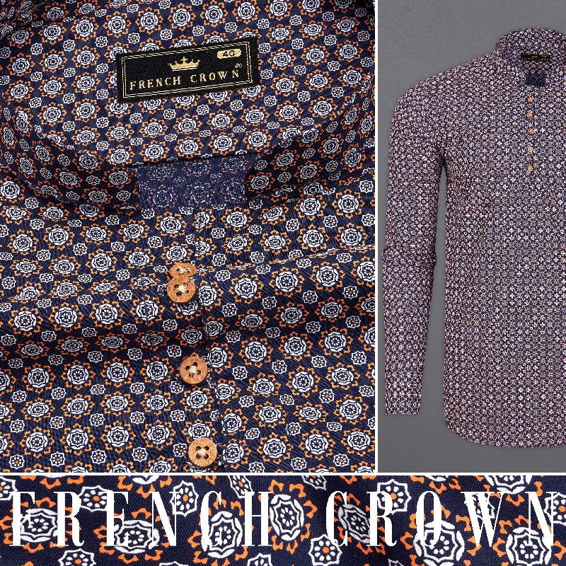 Haiti Navy Blue and Cadmium Orange Printed Royal Oxford Kurta Shirt