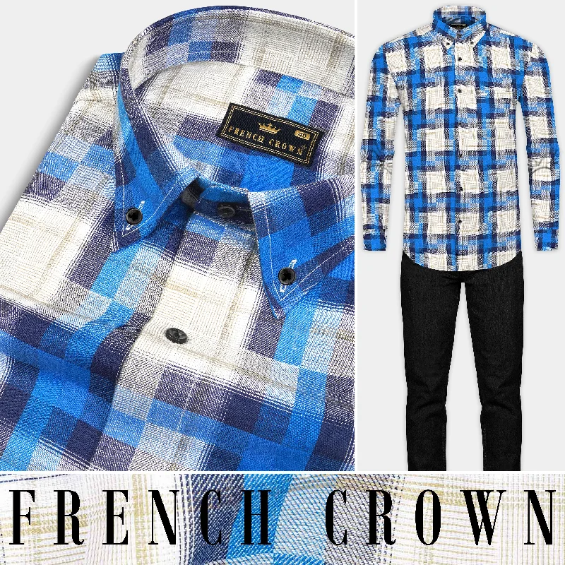 Mariner Blue and Pavlova Beige Twill Plaid Textured Premium Cotton Shirt