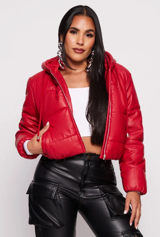 Faux Leather Zip Front Hooded Puffer Jacket